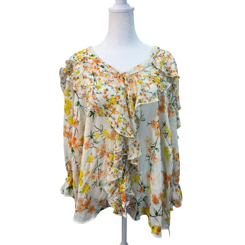 Boho Ruffle Neck Flutter Sleeve Sheer Fairy Blouse Cottagecore Botanical‎ Sz Lg
